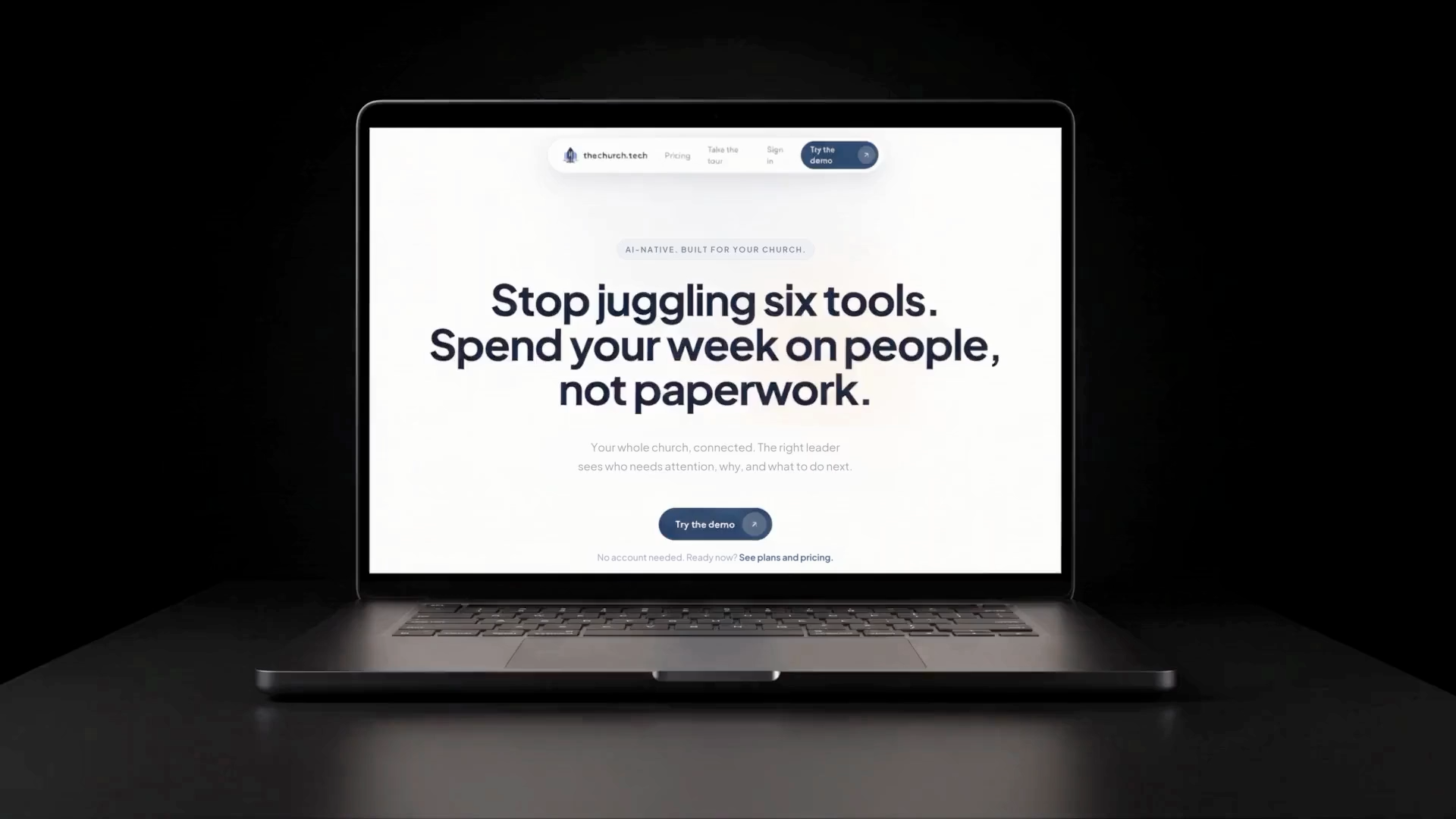 Video 1's opening frame: a head-on laptop displaying thechurch.tech homepage.