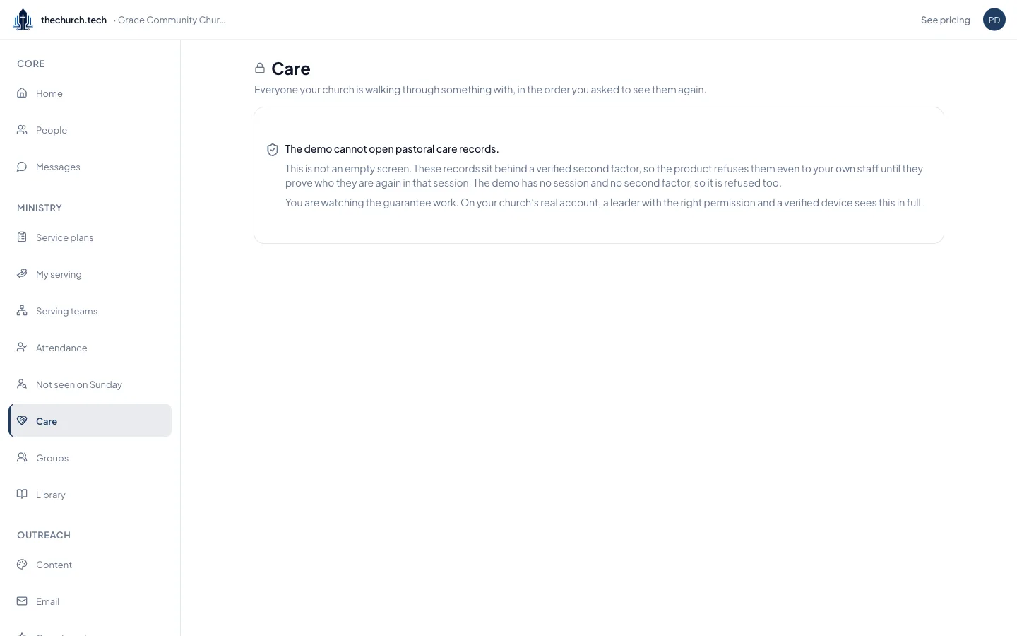 The Care screen refusing to open pastoral records in the demo because no second factor is present