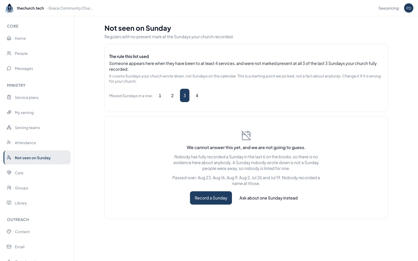 The Not seen on Sunday screen explaining its rule and declining to guess without recorded Sundays